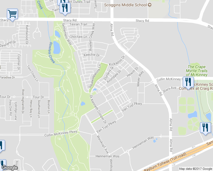 map of restaurants, bars, coffee shops, grocery stores, and more near 5913 Millie Way in McKinney