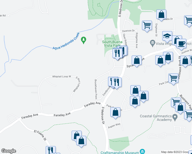map of restaurants, bars, coffee shops, grocery stores, and more near 2331 Brookhaven Pass in Vista