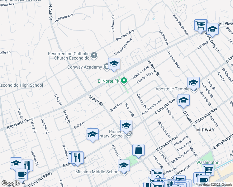 map of restaurants, bars, coffee shops, grocery stores, and more near 1235 Hoover Street in Escondido