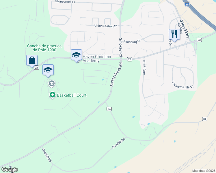 map of restaurants, bars, coffee shops, grocery stores, and more near 6069 Spring Creek Road in Montevallo