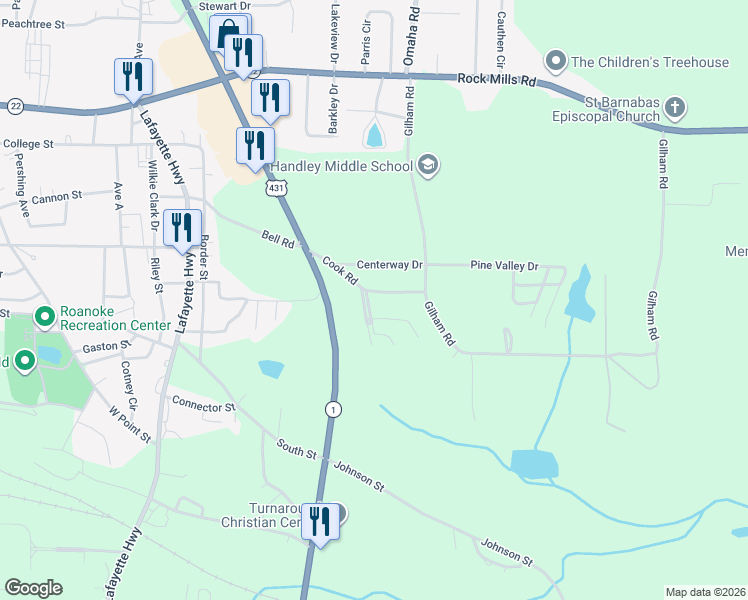 map of restaurants, bars, coffee shops, grocery stores, and more near 152 Cook Road in Roanoke
