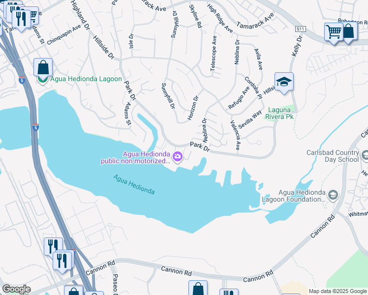 map of restaurants, bars, coffee shops, grocery stores, and more near 4759 Beachwood Court in Carlsbad