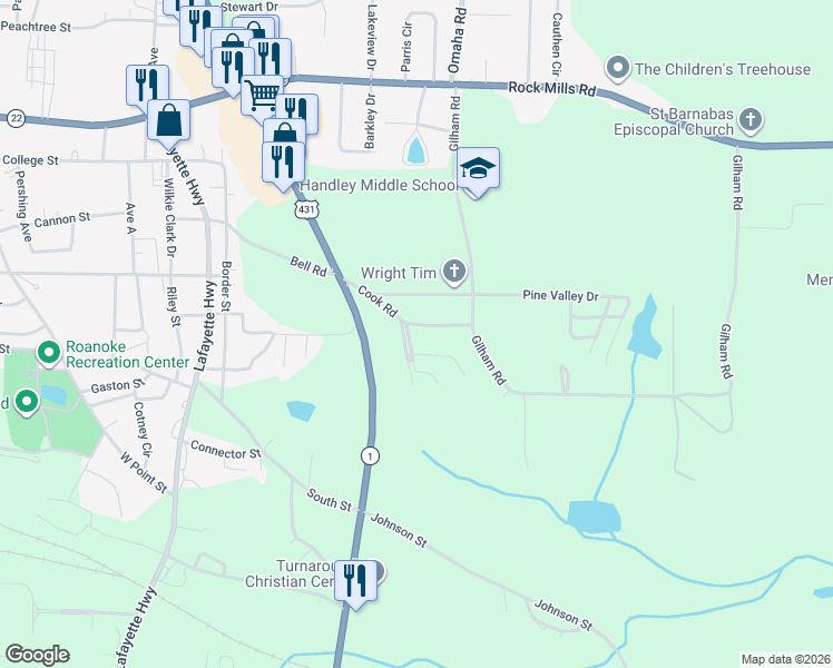 map of restaurants, bars, coffee shops, grocery stores, and more near 152 Cook Road in Roanoke