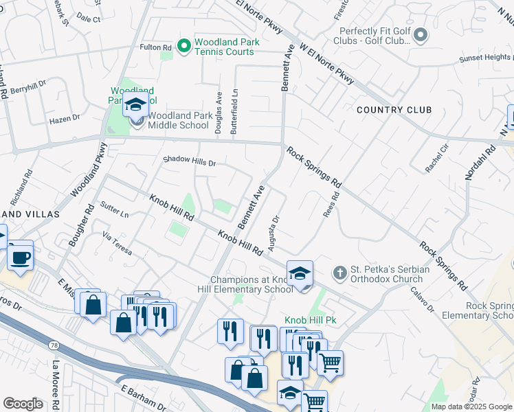 map of restaurants, bars, coffee shops, grocery stores, and more near 586 Tam O Shanter Drive in San Marcos