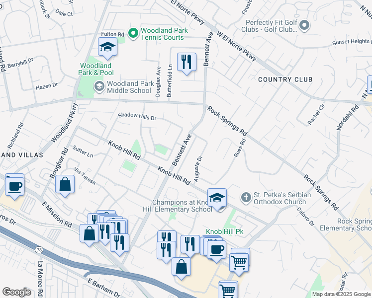 map of restaurants, bars, coffee shops, grocery stores, and more near 586 Tam O Shanter Drive in San Marcos