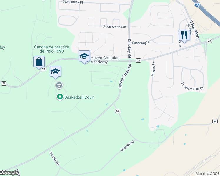 map of restaurants, bars, coffee shops, grocery stores, and more near 6069 Spring Creek Road in Montevallo