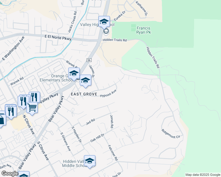 map of restaurants, bars, coffee shops, grocery stores, and more near 2973 Roseann Avenue in Escondido