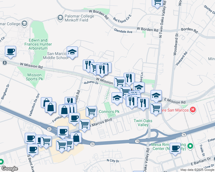 map of restaurants, bars, coffee shops, grocery stores, and more near 432 Inland Rail Trail in San Marcos