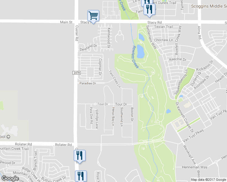 map of restaurants, bars, coffee shops, grocery stores, and more near 5705 Heron Bay Lane in McKinney