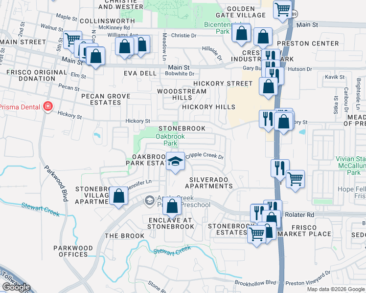 map of restaurants, bars, coffee shops, grocery stores, and more near 8161 Willow Creek Drive in Frisco