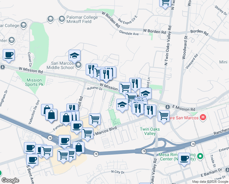 map of restaurants, bars, coffee shops, grocery stores, and more near 300 Autumn Drive in San Marcos