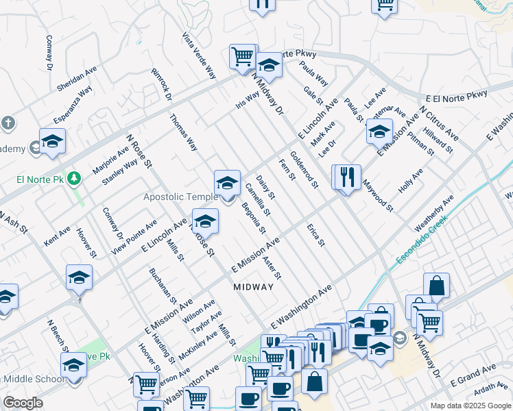 map of restaurants, bars, coffee shops, grocery stores, and more near 909 Camellia Street in Escondido