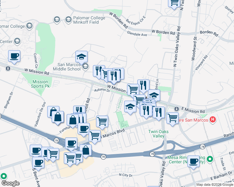 map of restaurants, bars, coffee shops, grocery stores, and more near 417 Autumn Drive in San Marcos