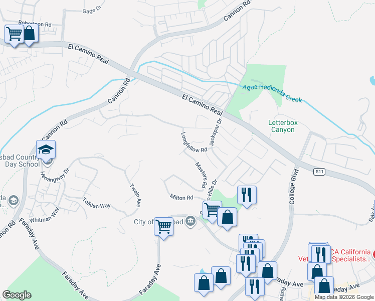 map of restaurants, bars, coffee shops, grocery stores, and more near 2341 Masters Road in Carlsbad