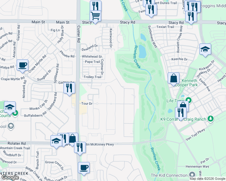 map of restaurants, bars, coffee shops, grocery stores, and more near 5605 Heron Bay Lane in McKinney