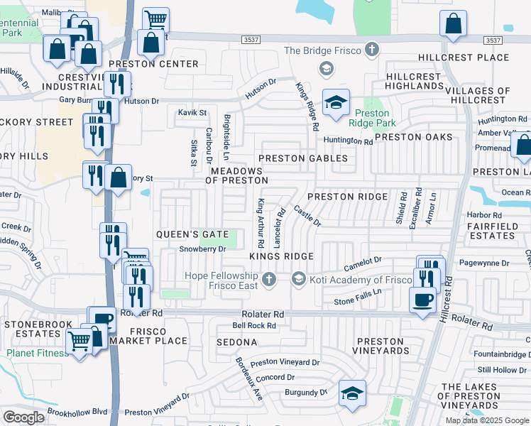map of restaurants, bars, coffee shops, grocery stores, and more near 7832 King Arthur Road in Frisco