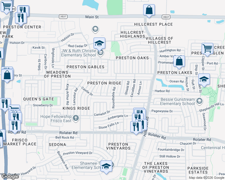 map of restaurants, bars, coffee shops, grocery stores, and more near 7851 Roundtable Road in Frisco