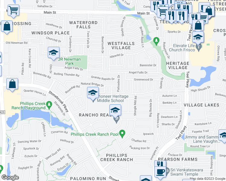 map of restaurants, bars, coffee shops, grocery stores, and more near 7828 Rainbow Falls Drive in Frisco