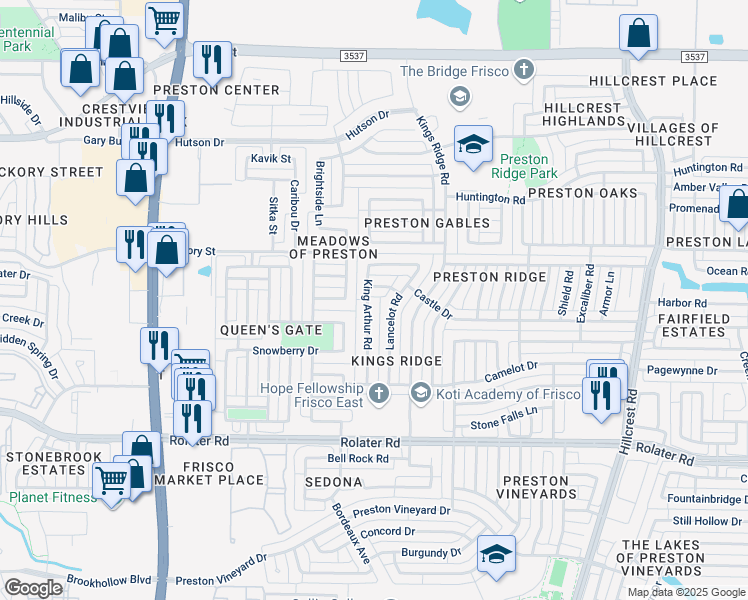map of restaurants, bars, coffee shops, grocery stores, and more near 7832 King Arthur Road in Frisco