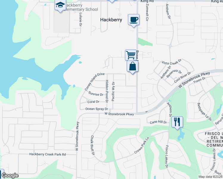 map of restaurants, bars, coffee shops, grocery stores, and more near 4805 Hidden Pond Drive in Frisco