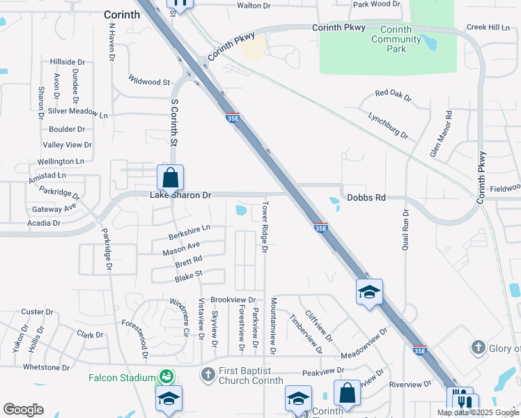 map of restaurants, bars, coffee shops, grocery stores, and more near 3418 Duncan Way in Corinth
