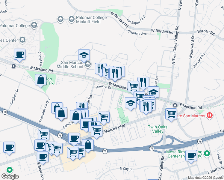 map of restaurants, bars, coffee shops, grocery stores, and more near 425 Autumn Drive in San Marcos