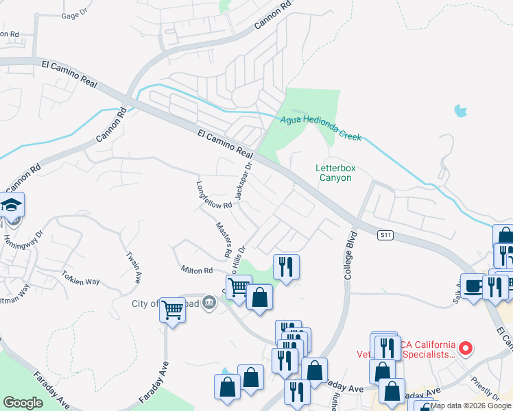 map of restaurants, bars, coffee shops, grocery stores, and more near 2330 Longfellow Road in Carlsbad