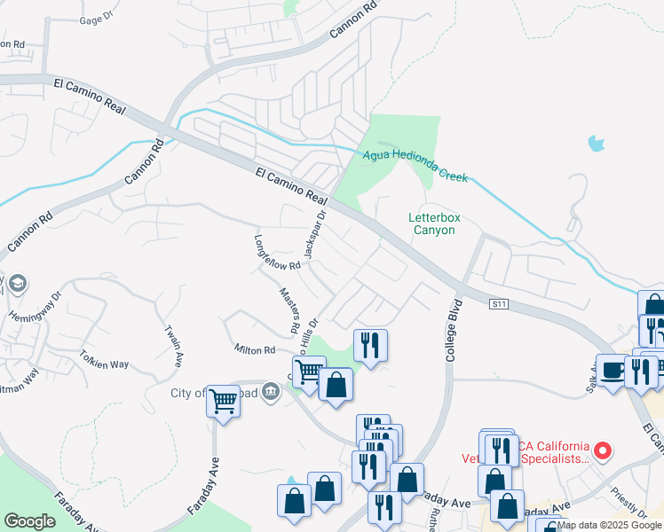 map of restaurants, bars, coffee shops, grocery stores, and more near 2330 Longfellow Road in Carlsbad