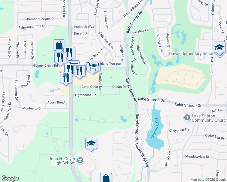 map of restaurants, bars, coffee shops, grocery stores, and more near 3413 Ocean Drive in Denton