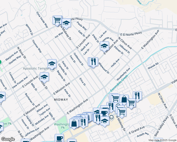 map of restaurants, bars, coffee shops, grocery stores, and more near 750 Goldenrod Street in Escondido