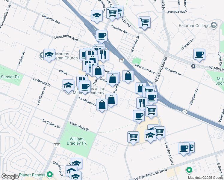 map of restaurants, bars, coffee shops, grocery stores, and more near 250 South Pacific Street in San Marcos