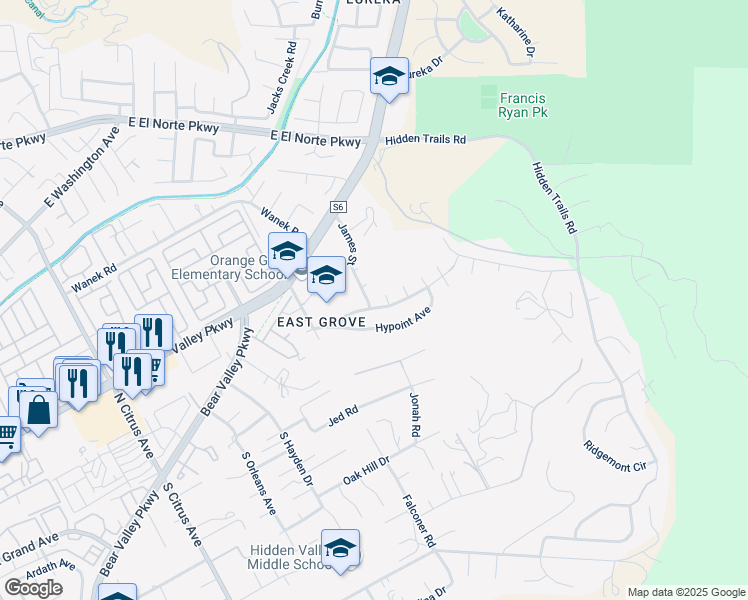map of restaurants, bars, coffee shops, grocery stores, and more near 210 James Street in Escondido