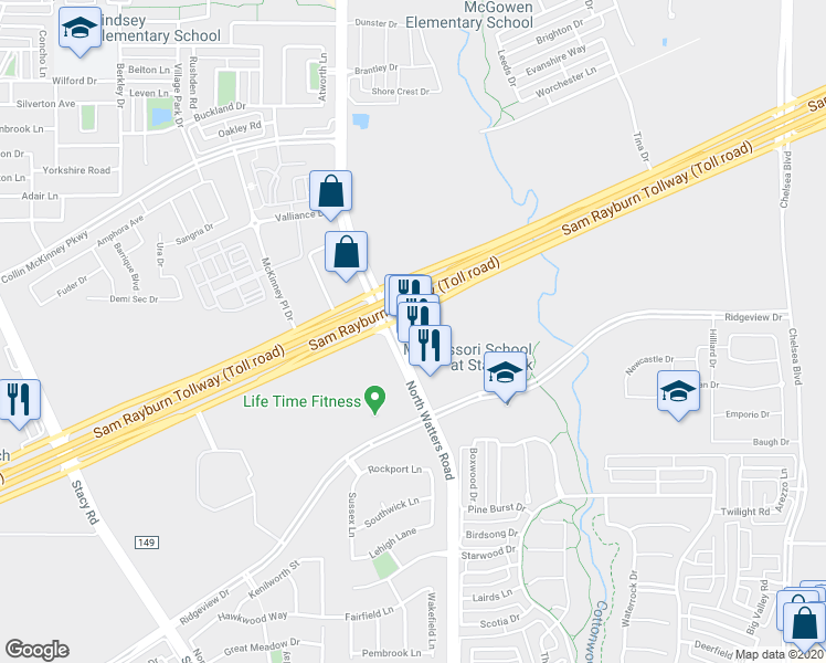 map of restaurants, bars, coffee shops, grocery stores, and more near 969 Texas 121 in Allen
