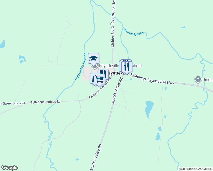 map of restaurants, bars, coffee shops, grocery stores, and more near 135 Talladega Springs Road in Sylacauga