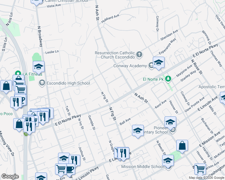 map of restaurants, bars, coffee shops, grocery stores, and more near 1371 North Date Street in Escondido