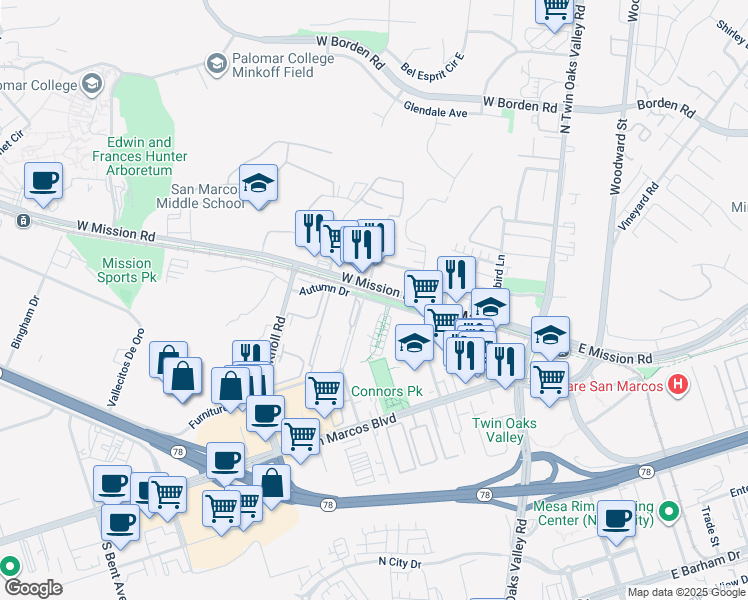 map of restaurants, bars, coffee shops, grocery stores, and more near 432 Inland Rail Trail in San Marcos