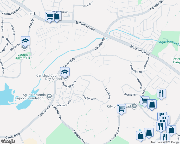 map of restaurants, bars, coffee shops, grocery stores, and more near 5200 Hemingway Drive in Carlsbad