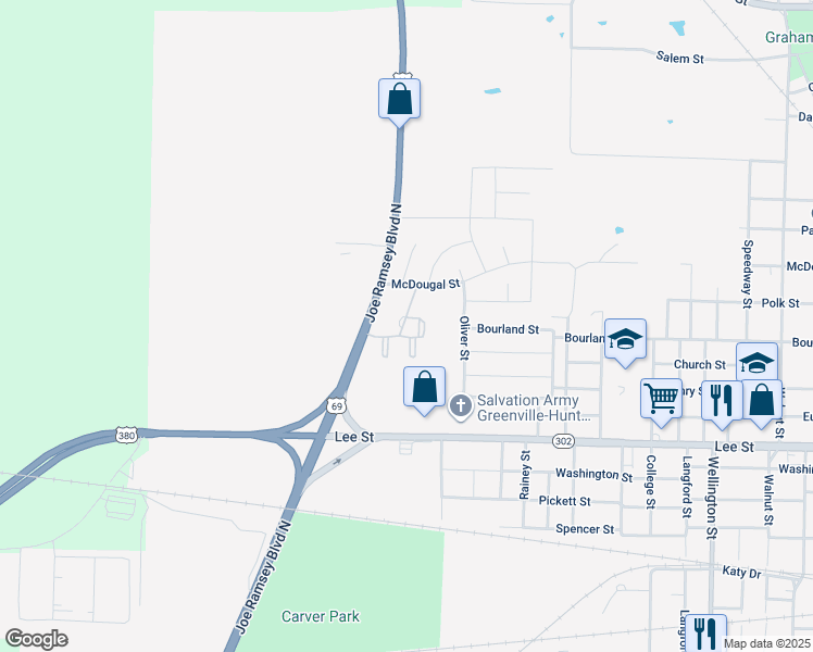 map of restaurants, bars, coffee shops, grocery stores, and more near 1919 Joe Ramsey Boulevard North in Greenville