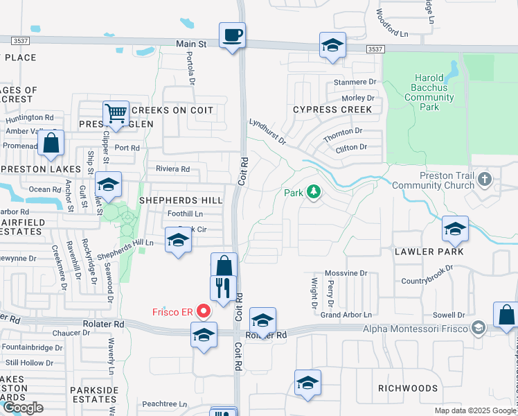 map of restaurants, bars, coffee shops, grocery stores, and more near 8025 Benthaven Place in Frisco