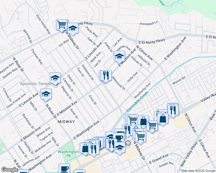 map of restaurants, bars, coffee shops, grocery stores, and more near 734 North Midway Drive in Escondido