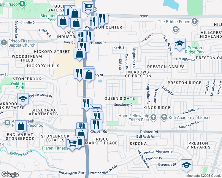 map of restaurants, bars, coffee shops, grocery stores, and more near 7961 Crampton Lane in Frisco