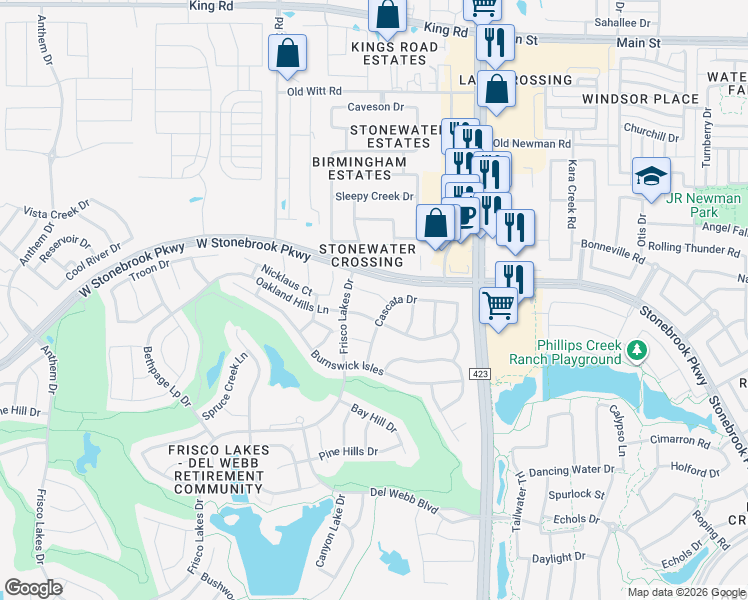 map of restaurants, bars, coffee shops, grocery stores, and more near 559 Rockledge Court in Frisco