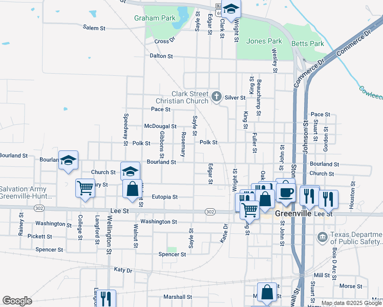 map of restaurants, bars, coffee shops, grocery stores, and more near 1902 Sayle Street in Greenville
