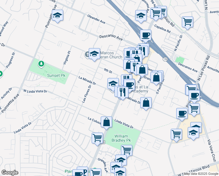 map of restaurants, bars, coffee shops, grocery stores, and more near 3670 La Mirada Drive in San Marcos