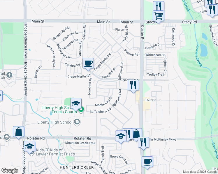 map of restaurants, bars, coffee shops, grocery stores, and more near 15786 Shasta Daisy Road in Frisco