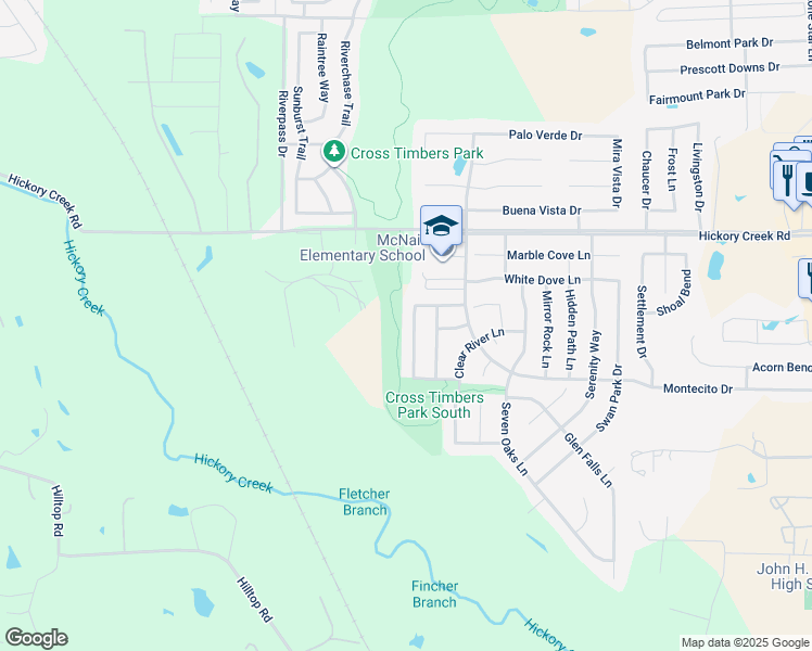 map of restaurants, bars, coffee shops, grocery stores, and more near 8000 Winding Stream Lane in Denton