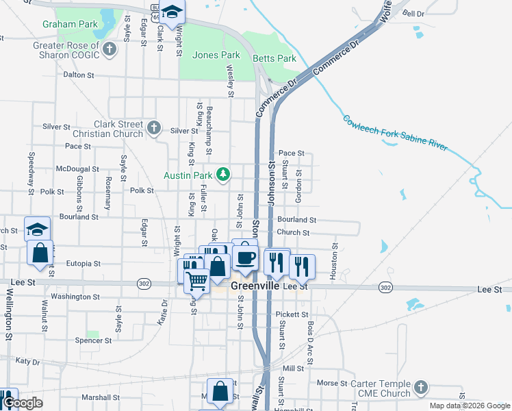 map of restaurants, bars, coffee shops, grocery stores, and more near 1906 Johnson Street in Greenville