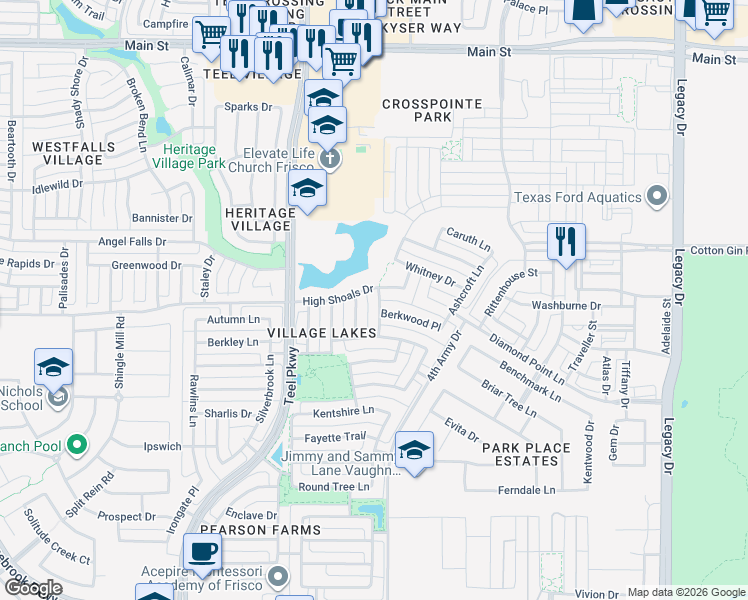 map of restaurants, bars, coffee shops, grocery stores, and more near 7773 Edelweiss Trail in Frisco
