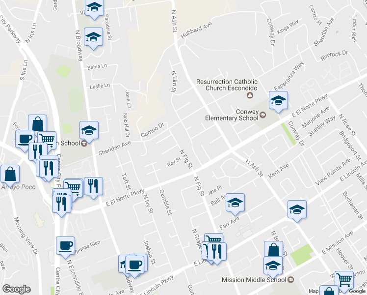 map of restaurants, bars, coffee shops, grocery stores, and more near 1406 North Fig Street in Escondido