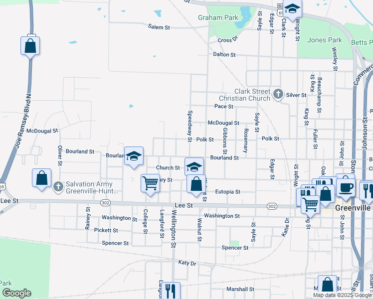 map of restaurants, bars, coffee shops, grocery stores, and more near 1818 Speedway Street in Greenville